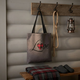 Cozy Red Buffalo Plaid Love Knit Pattern Tote Bag
