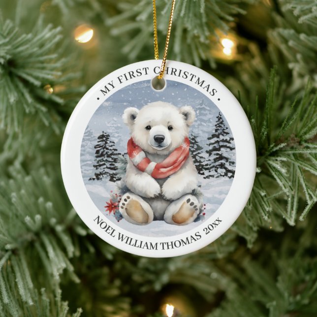 Cozy Red Scarf Polar Bear Baby's First Christmas Ceramic Ornament (Tree)
