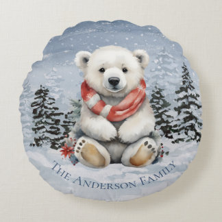 Cozy Red Scarf Polar Bear Christmas Round Pillow