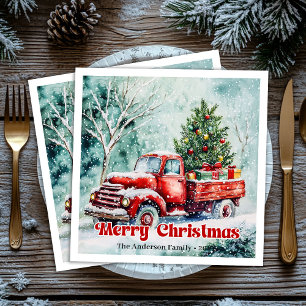 Cozy red truck Christmas scene rustic party napkin