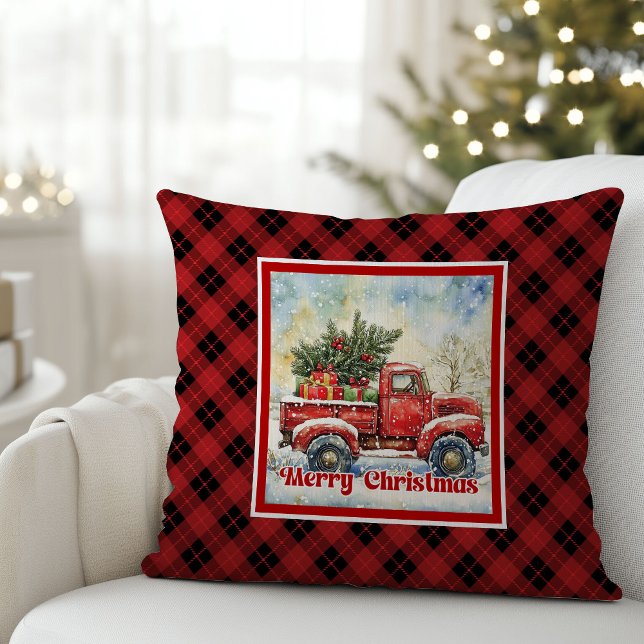 Cozy red truck holiday scene rustic red black throw pillow (Cozy red truck holiday scene rustic red black Throw Pillow)