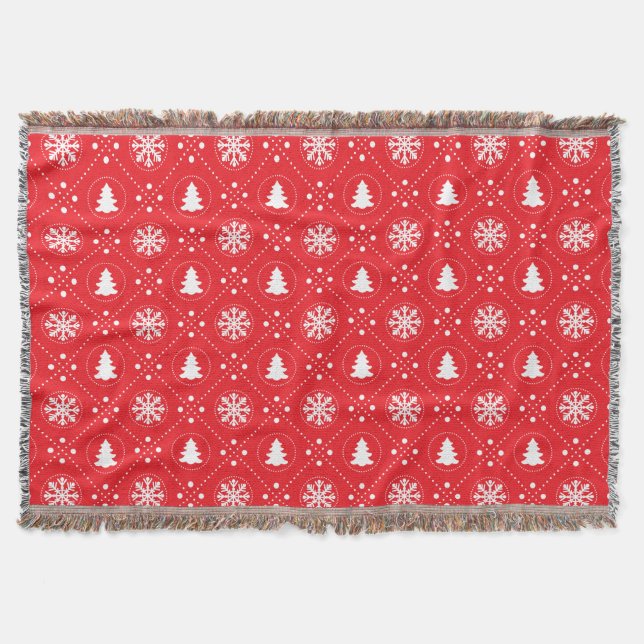 Cozy Red White Snowflakes Christmas Trees Design Throw Blanket (Front)