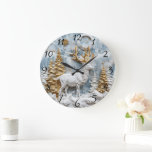 Cozy Reindeer Christmas Scene Large Clock<br><div class="desc">A stunning Christmas clock features a beautifully sculpted reindeer amid golden accents and lush evergreen trees.</div>