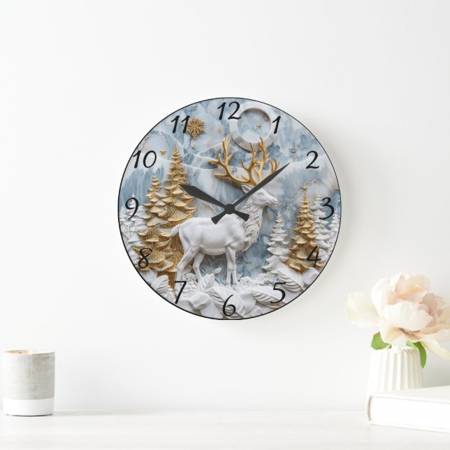 Cozy Reindeer Christmas Scene Large Clock (Home)