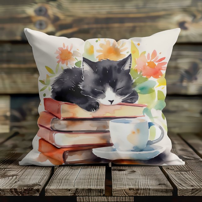 Cozy Relaxed Cat in Watercolor Throw Pillow (Creator Uploaded)