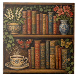 Cozy retro book shelf botanical coffee tea lover tile