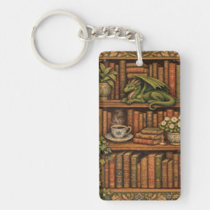 Cozy retro book shelf dragon coffee tea lover keychain