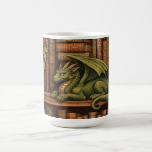 Cozy retro book shelf dragon coffee tea lover mug