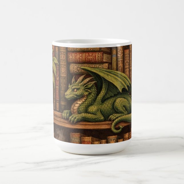 Cozy retro book shelf dragon coffee tea lover mug (Center)