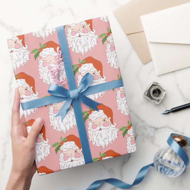 Cozy Retro Pink Santa Claus Christmas Wrapping Paper (Gifting)