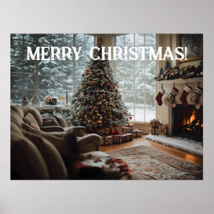 Cozy Room Christmas ,Fireplace, Tree and Stockings Poster