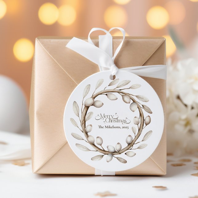 Cozy Rustic Christmas Wreath Classic Round Sticker (Creator Uploaded)