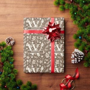 Cozy Rustic Holly and Pinecone Holiday Pattern Wrapping Paper
