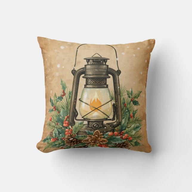 Cozy rustic lantern Christmas holly pine festive Throw Pillow (Front)