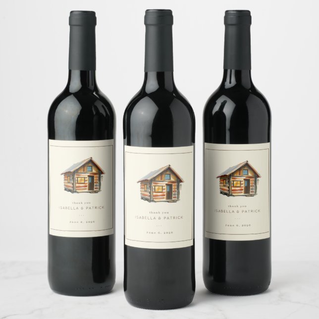 Cozy Rustic Watercolor Cabin Illustration Wine Label (Bottles)