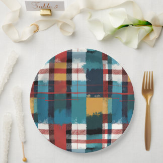 Cozy Rustic Winter Plaid in Teal Red and Yellow Paper Plate