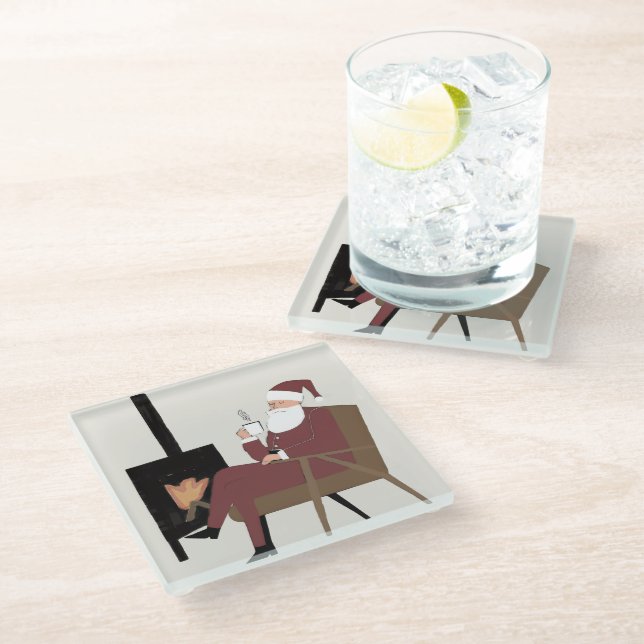 Cozy Santa Fireplace Pattern Square Glass Coasters (Angled)