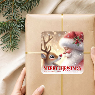 Cozy Santa Rudolph Personalized Christmas Kids Square Sticker