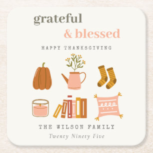 Cozy Scandi Autumn Essential Blush Thanksgiving Square Paper Coaster