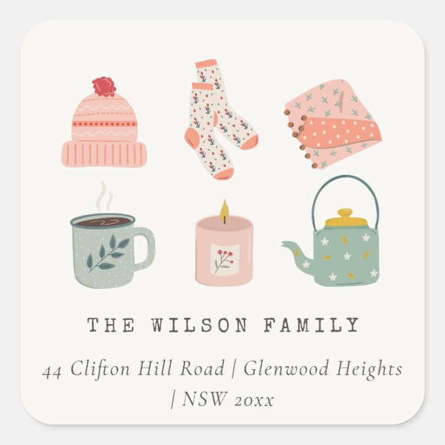 Cozy Scandi Winter Essential Blush Green Address Square Sticker (Front)