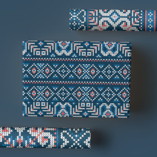 Cozy Scandinavian Blue & Peach Winter Sweater Wrapping Paper Sheet
