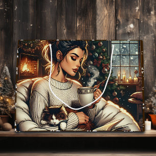 Cozy Scene   Woman Drinking Cocoa Christmas Large Gift Bag