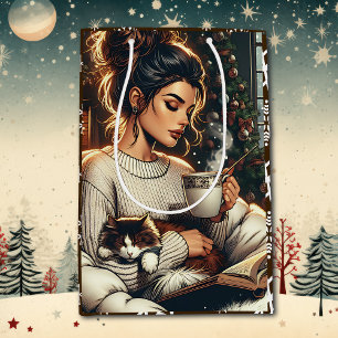 Cozy Scene   Woman Drinking Cocoa Christmas Medium Gift Bag