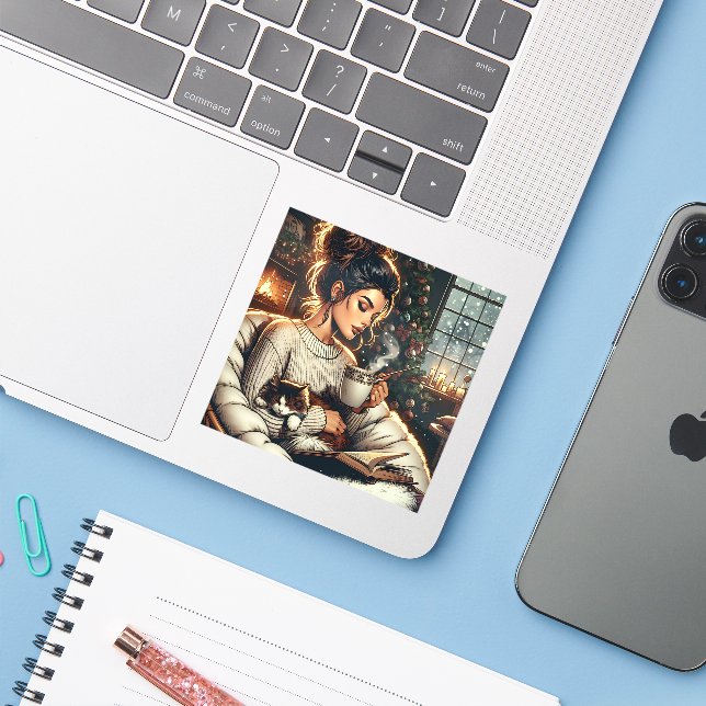 Cozy Scene | Woman Drinking Cocoa with Cat (Laptop w/ iPhone)