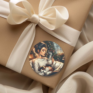 Cozy Scene   Woman Drinking Cocoa with Cat Classic Round Sticker