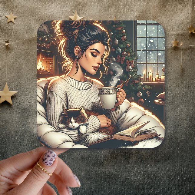 Cozy Scene | Woman Drinking Cocoa with Cat Square Sticker (Creator Uploaded)