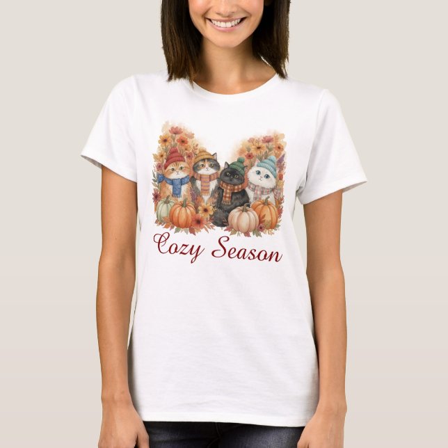 Cozy Season Autumn Cats & Pumpkins T-Shirt (Front)