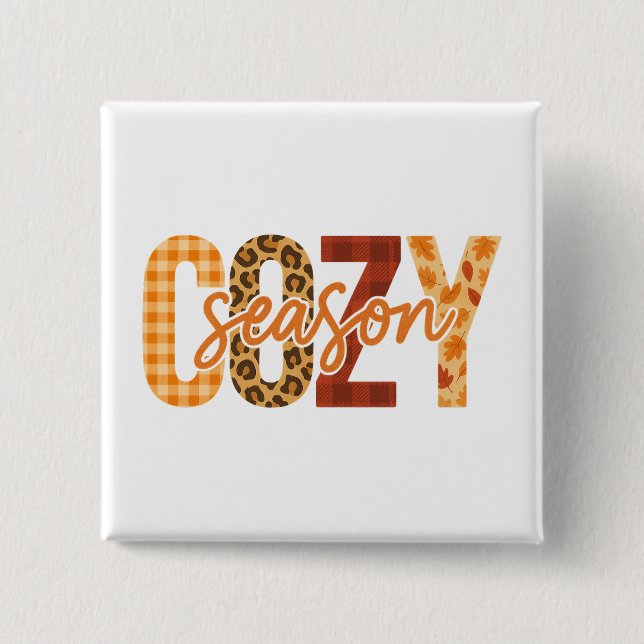 Cozy Season Fall Autumn Plaid Leopard 2 Inch Square Button (Front)