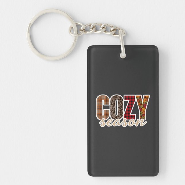 Cozy Season Plaid Leopard Fall Vibes Keychain (Front)