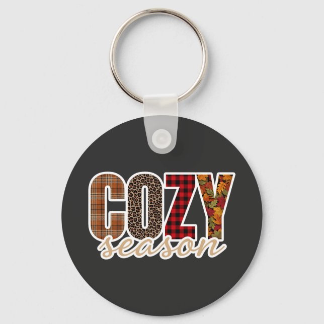 Cozy Season Plaid Leopard Fall Vibes Keychain (Front)