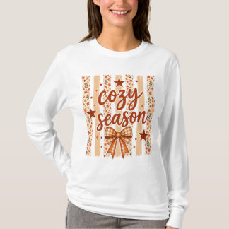 Cozy Season Retro Fall Floral Stripe Plaid Bow Art T-Shirt
