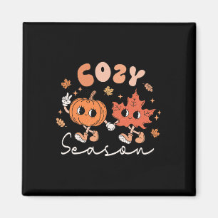 Cozy Season Retro Groovy Style Fall Leaves Pumpkin Magnet