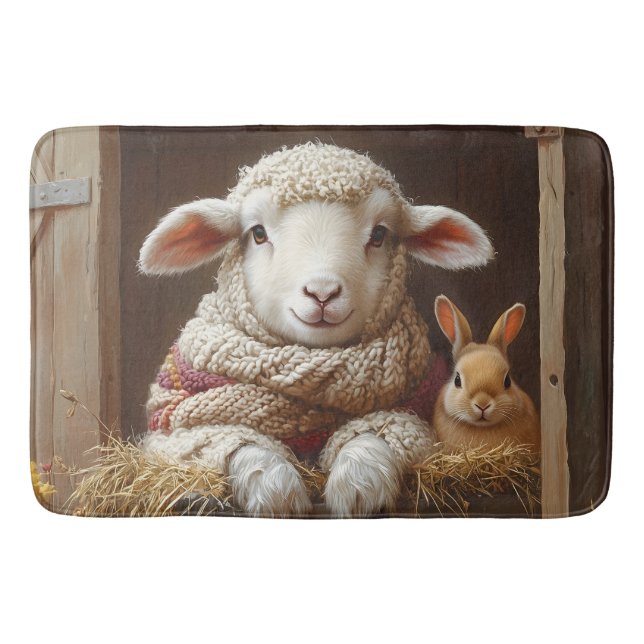 Cozy Sheep and Rabbit in Barn with Flowers Bath Mat (Front)