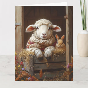 Cozy Sheep and Rabbit in Barn with Flowers Card