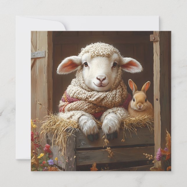 Cozy Sheep and Rabbit in Barn with Flowers Holiday Card (Front)