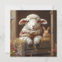 Cozy Sheep and Rabbit in Barn with Flowers
