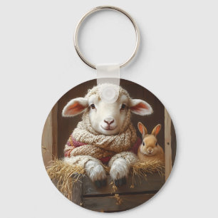 Cozy Sheep and Rabbit in Barn with Flowers Keychain