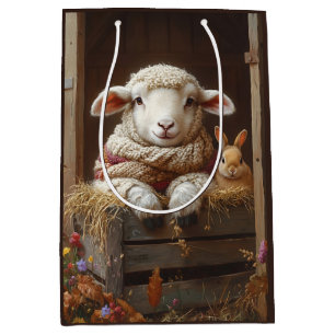Cozy Sheep and Rabbit in Barn with Flowers Medium Gift Bag