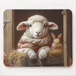 Cozy Sheep and Rabbit in Barn with Flowers Mouse Pad