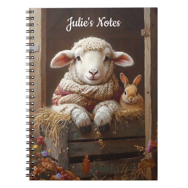 Cozy Sheep and Rabbit in Barn with Flowers Notebook (Front)