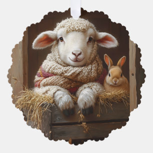 Cozy Sheep and Rabbit in Barn with Flowers Ornament Card