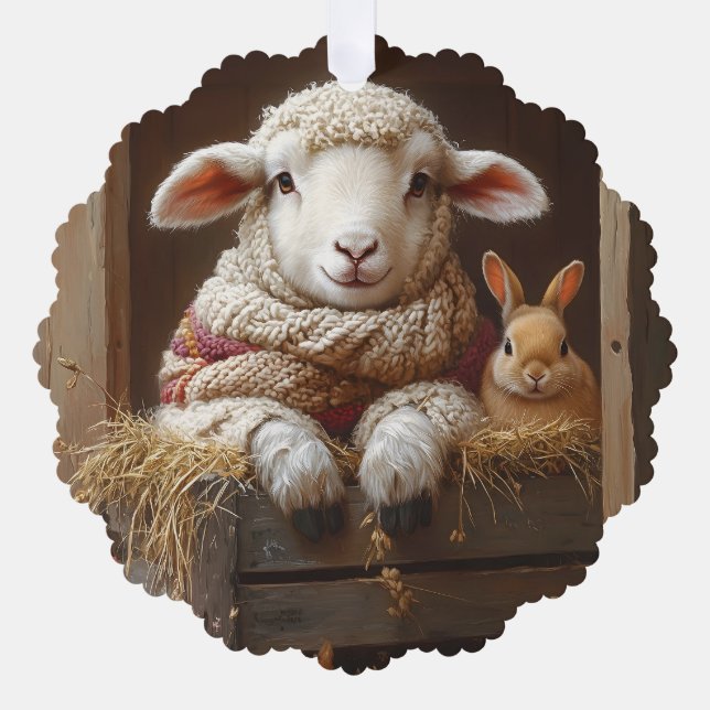 Cozy Sheep and Rabbit in Barn with Flowers Ornament Card (Front)