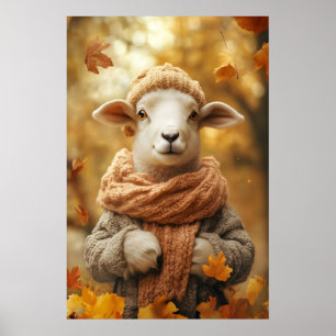 Cozy Sheep Fall Art Print, Autumn Woodland Poster