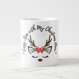 Cozy Sips with My Christmas Deer” – Cute Reindeer  Large Coffee Mug