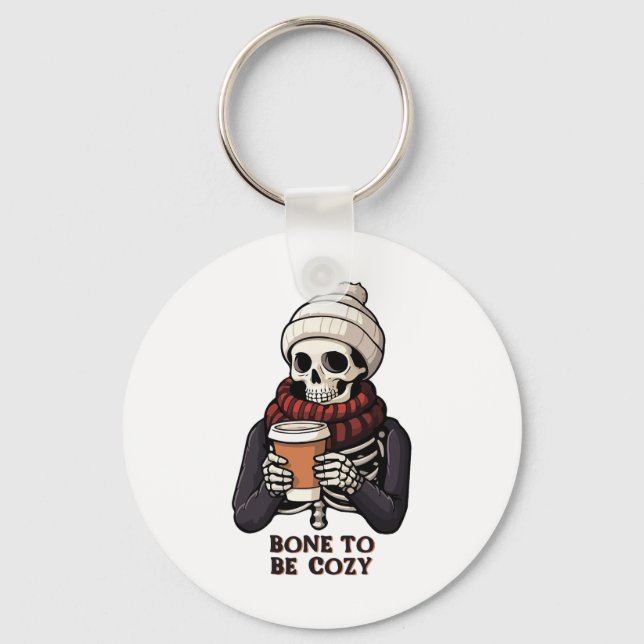 Cozy Skeleton Fall Halloween Doodles Fun Party Tha Keychain (Front)