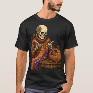 Cozy Skeleton Knitting T-Shirt Funny Halloween Gra